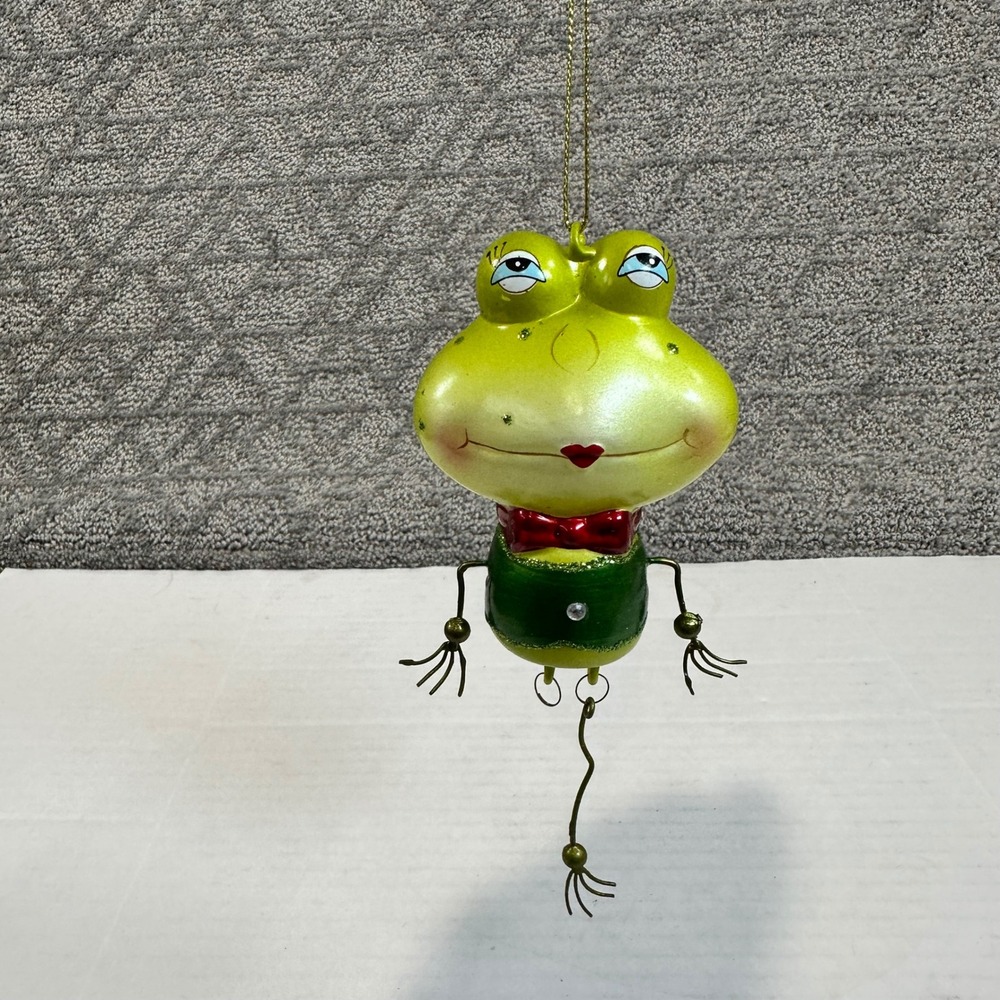 Whimsical Hanging Frog Ornament‎ Green Red Bow Missing leg